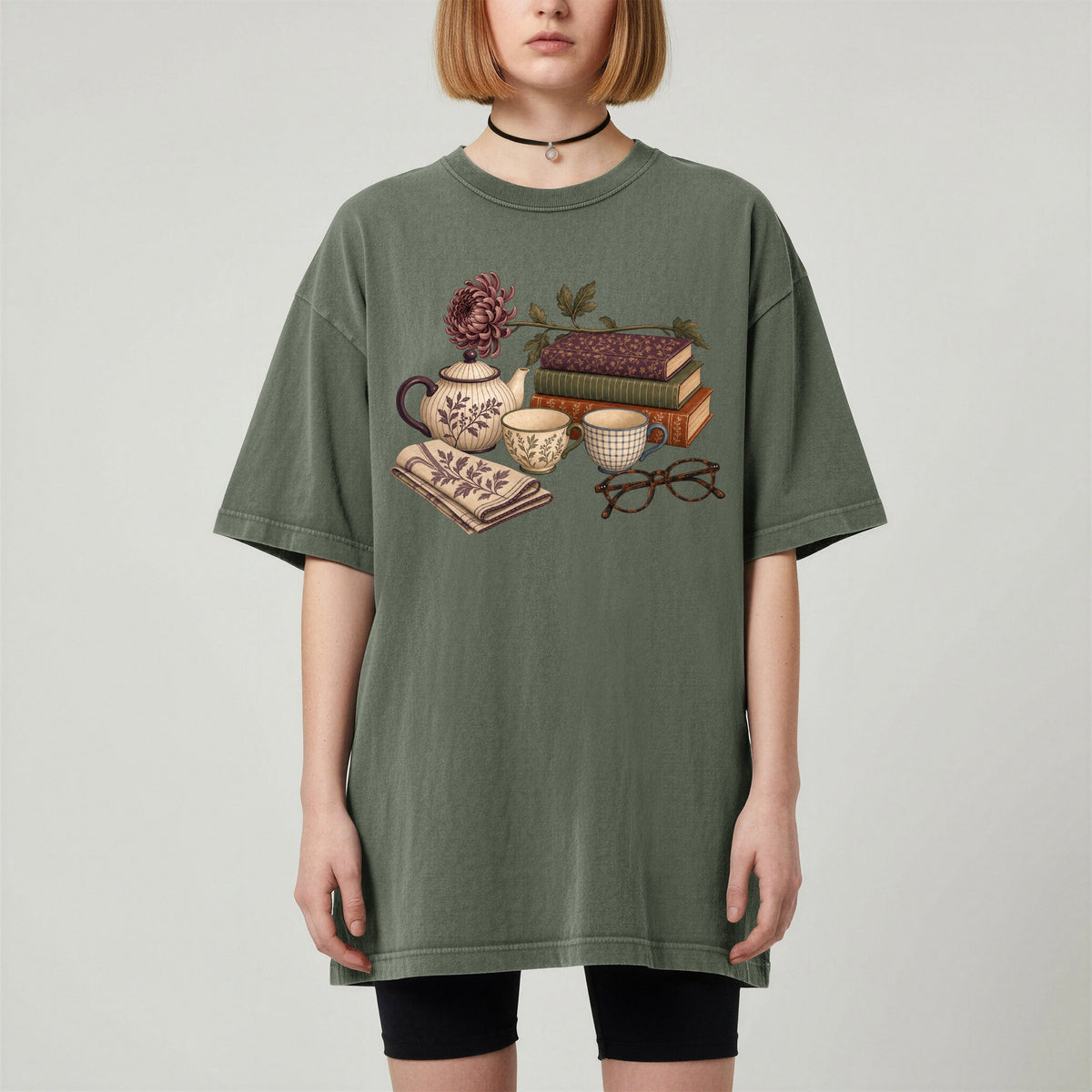 Afternoon Tea and Books bookish tee in Moss, worn