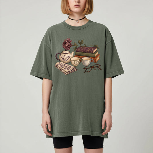 Afternoon Tea and Books bookish tee in Moss, worn