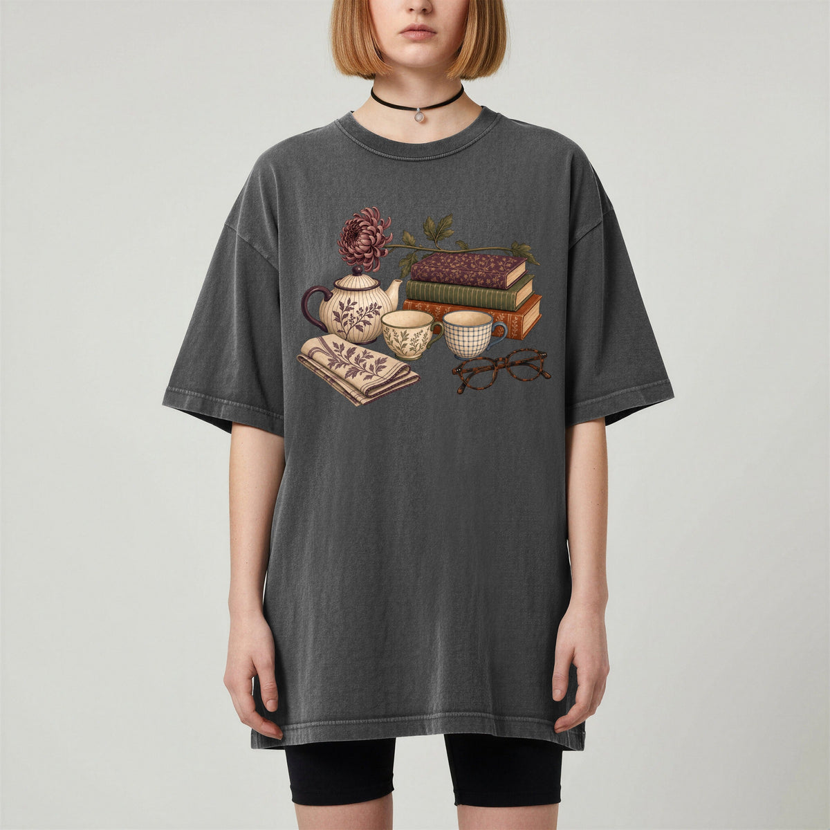 Afternoon Tea and Books bookish tee in Pepper, worn