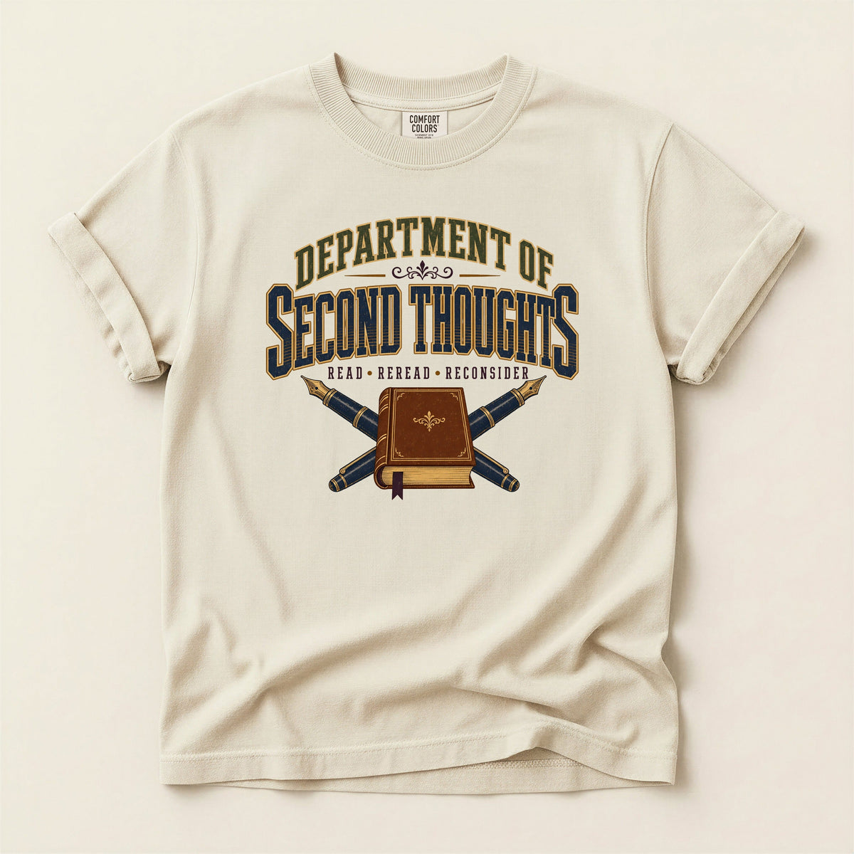 Department of Second Thoughts bookish tee in Ivory, full flat