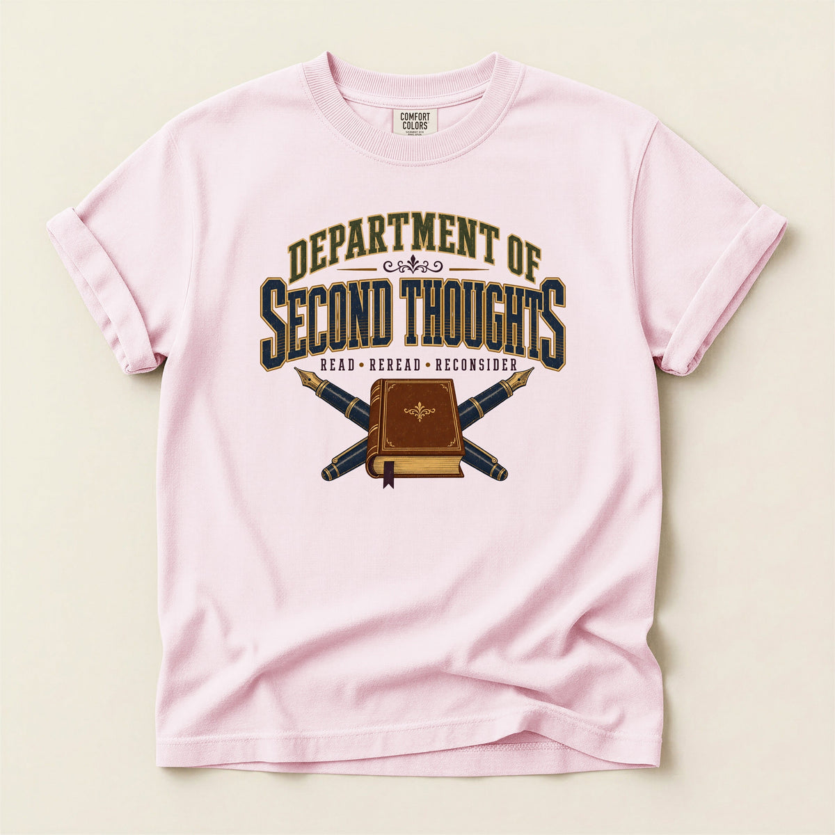 Department of Second Thoughts bookish tee in Blossom, full flat