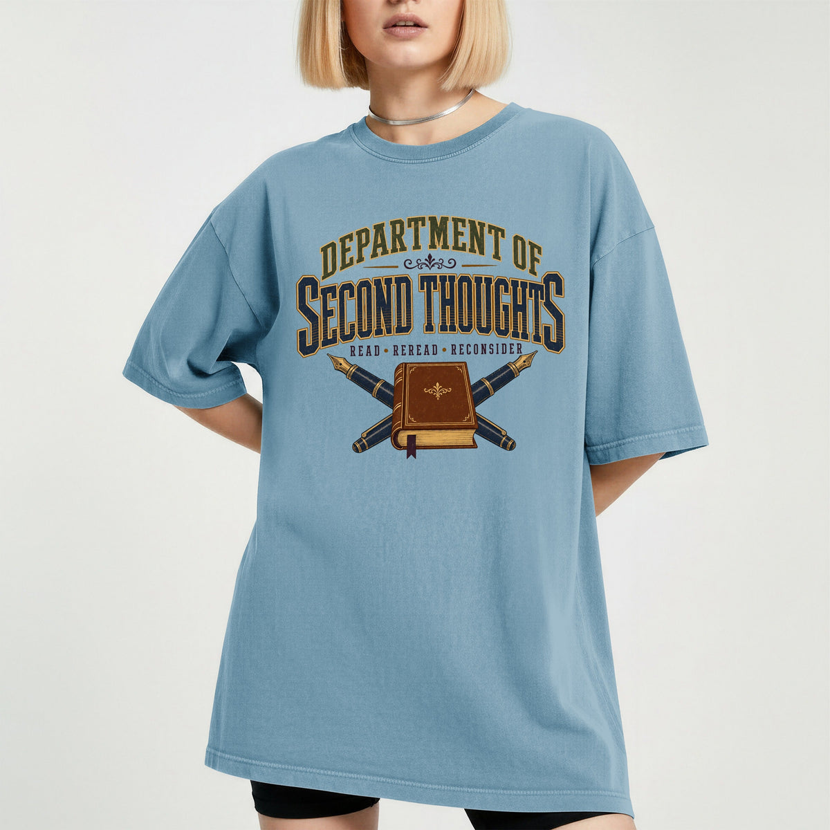 Department of Second Thoughts bookish tee in Ice Blue, worn