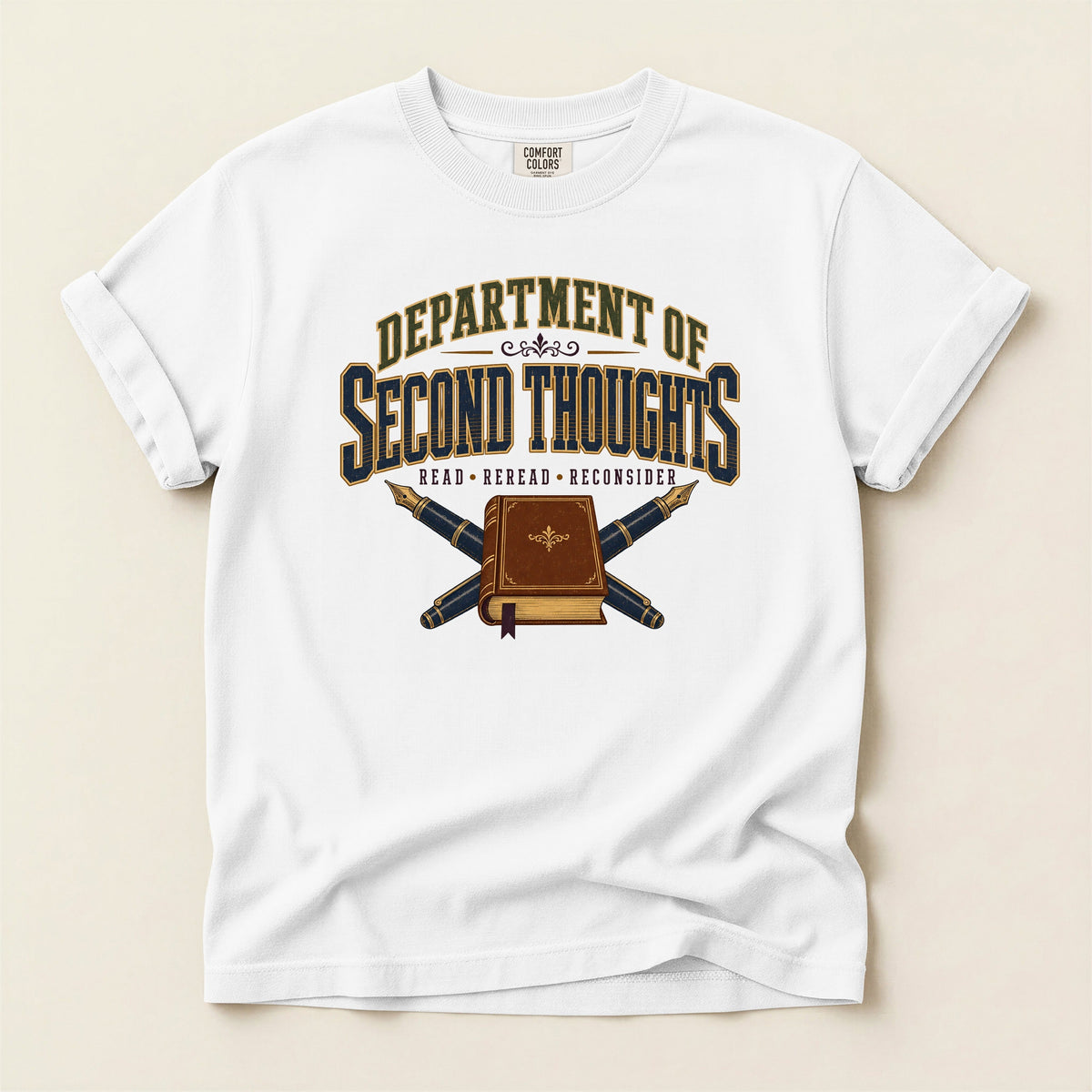 Department of Second Thoughts bookish tee in White, full flat