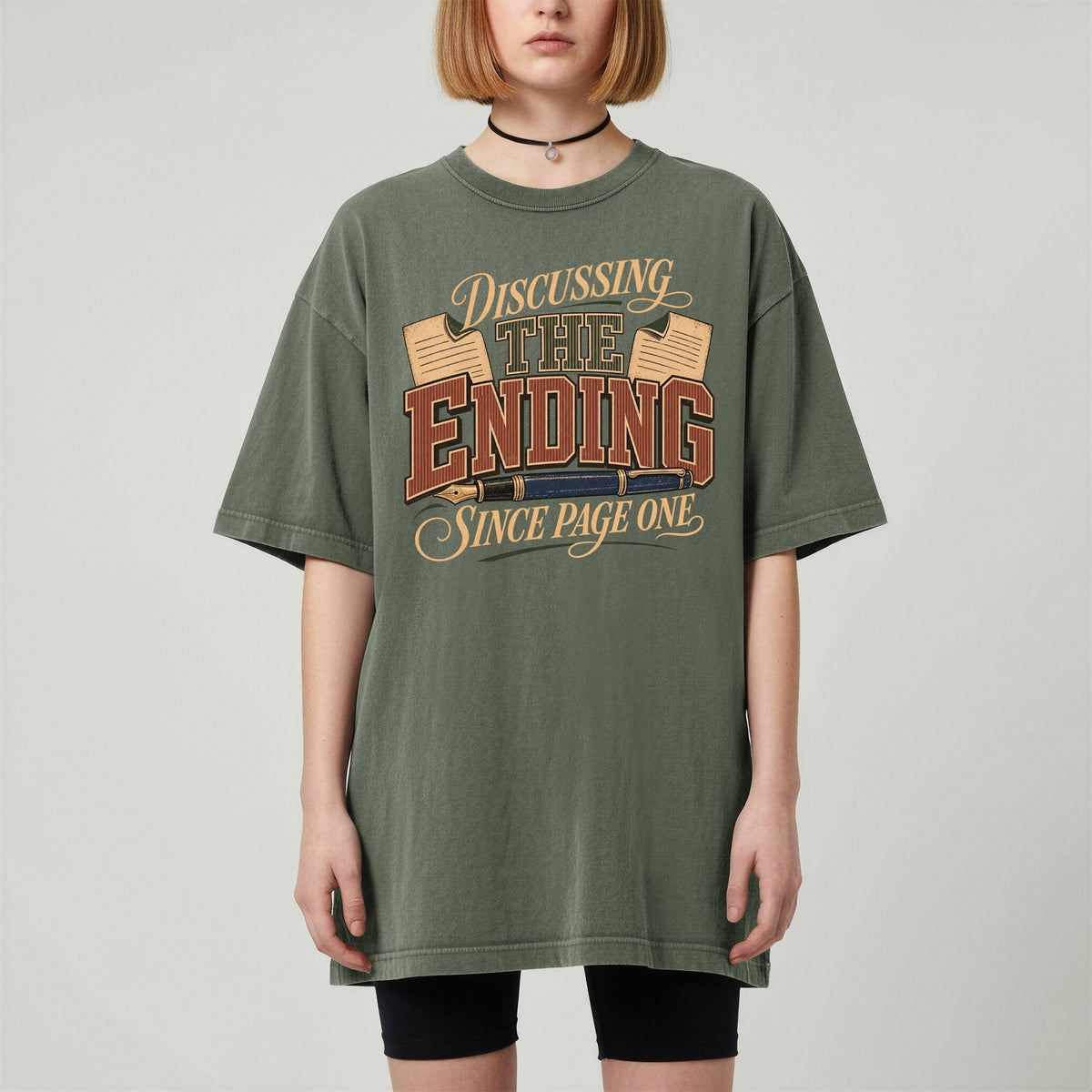 Discussing the Ending Since Page One bookish tee in Moss, worn
