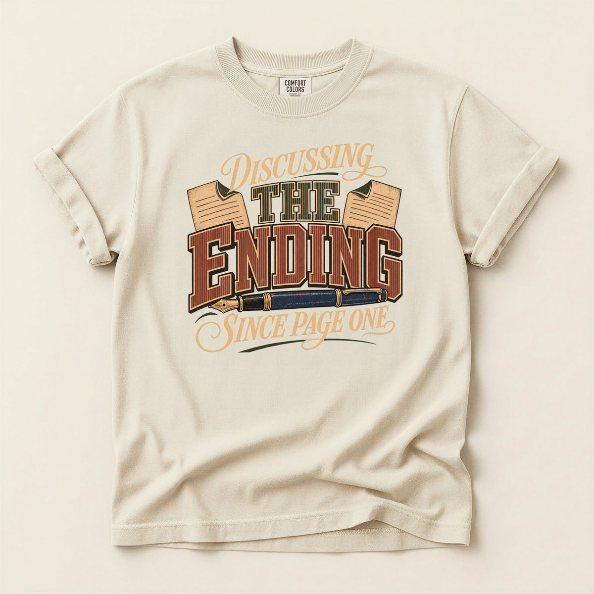 Discussing the Ending Since Page One bookish tee in Ivory, full flat