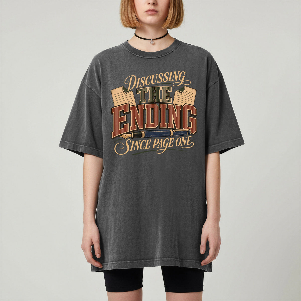 Discussing the Ending Since Page One bookish tee in Pepper, worn