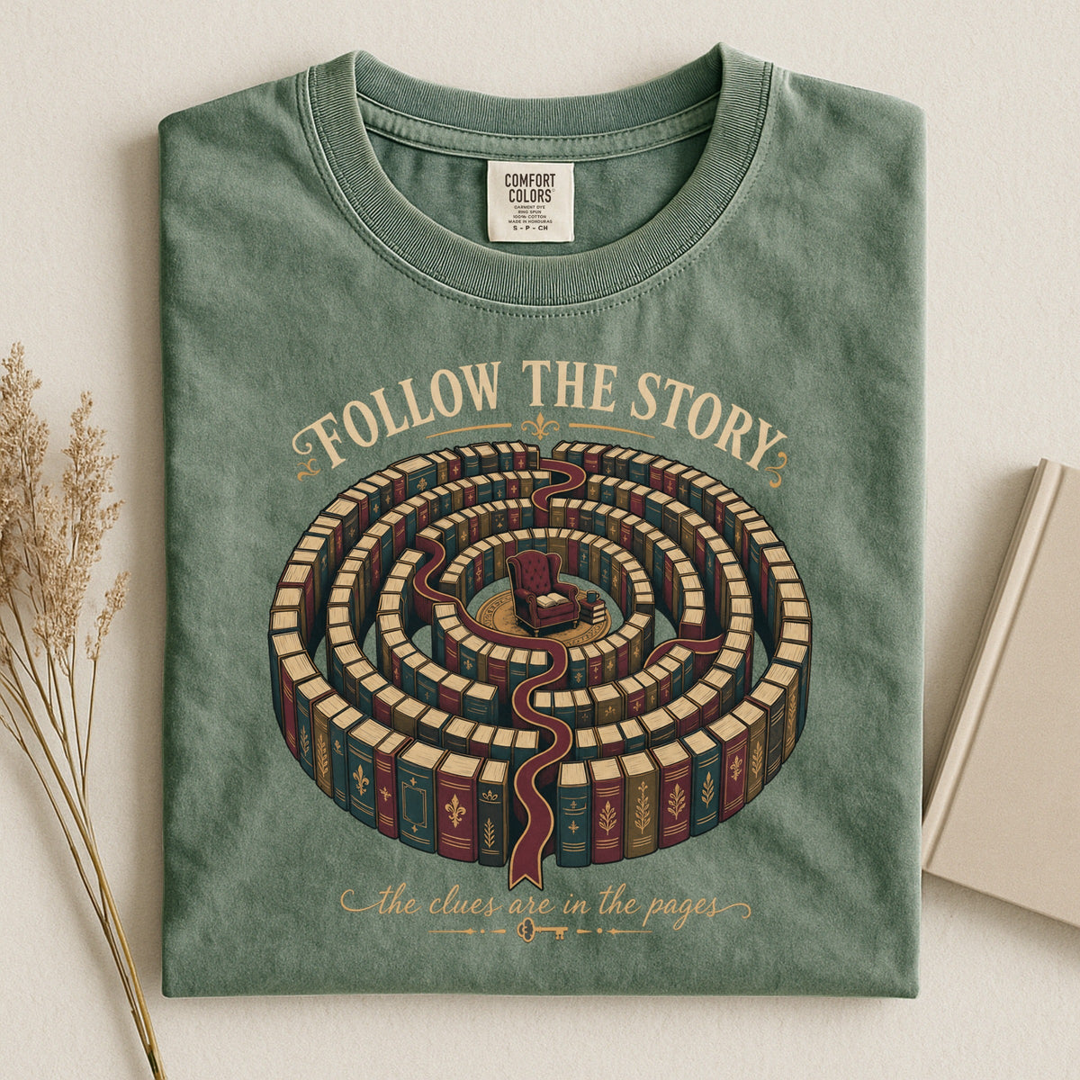 Follow the Story bookish tee in Moss, flat lay