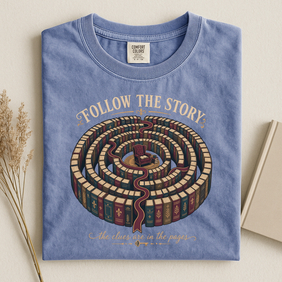 Follow the Story bookish tee in Blue Jean, flat lay