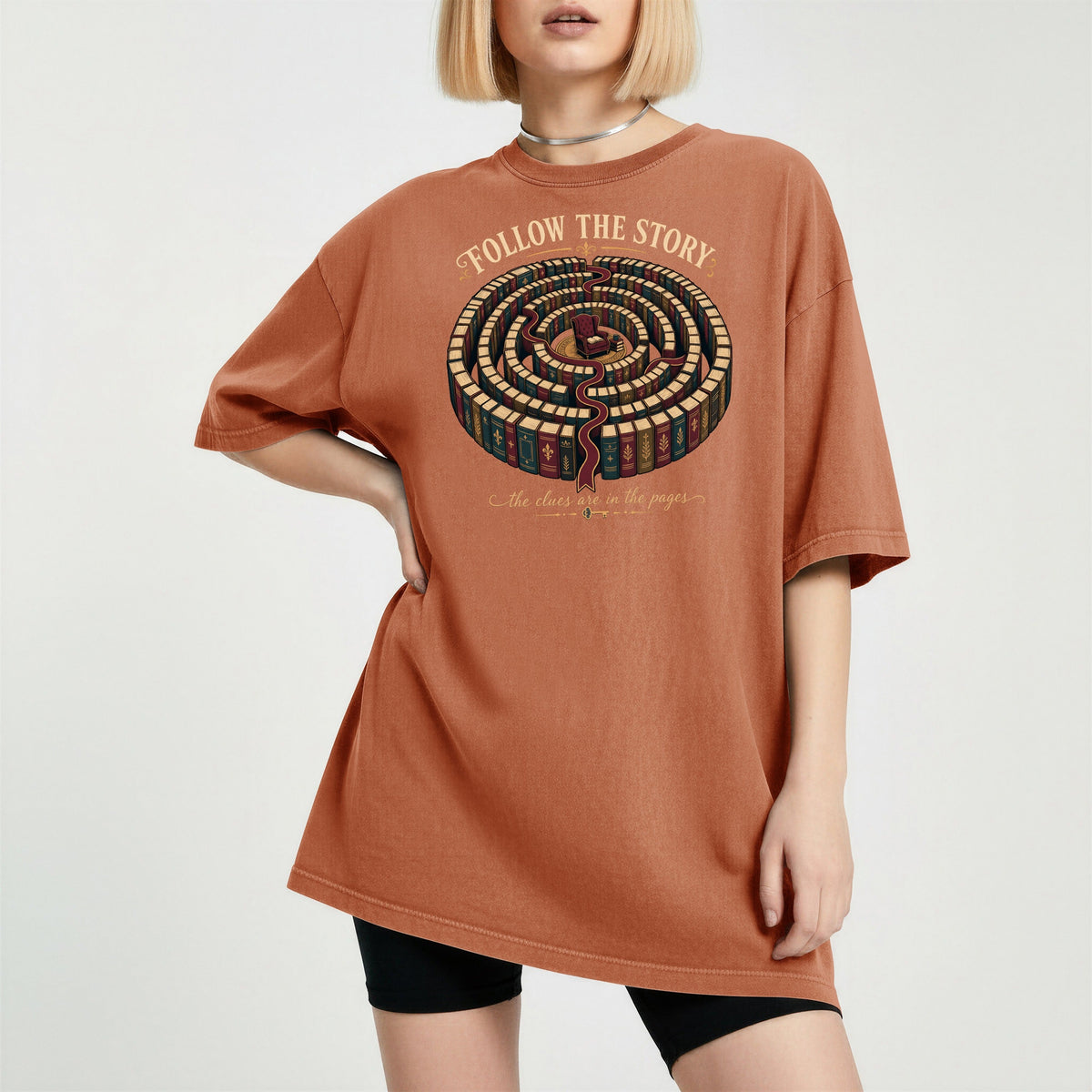 Follow the Story bookish tee in Yam, worn