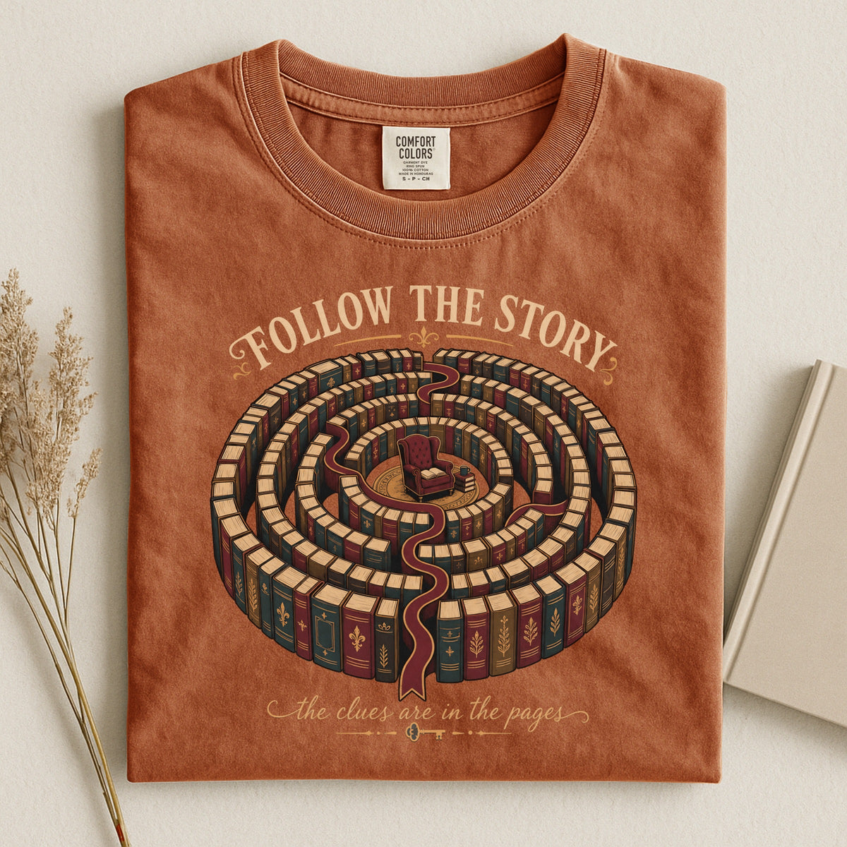 Follow the Story bookish tee in Yam, flat lay