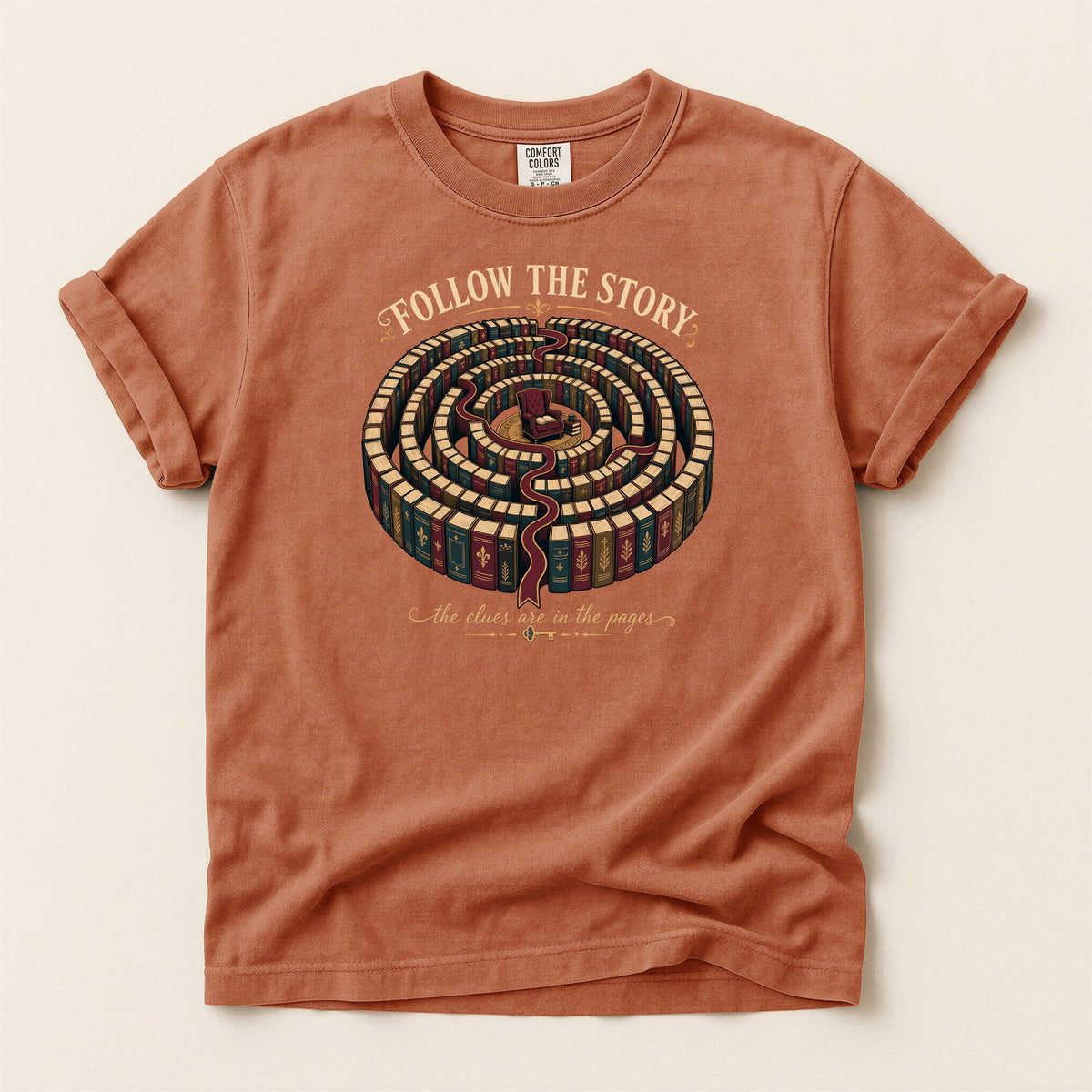 Follow the Story bookish tee in Yam, full flat