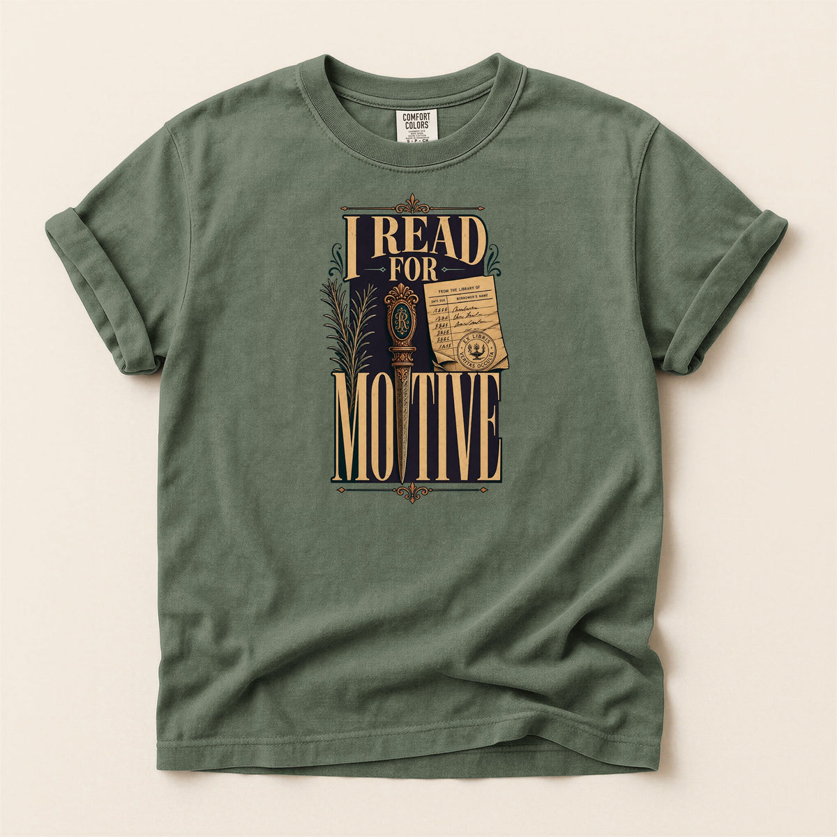 I Read for Motive bookish tee in Moss, full flat