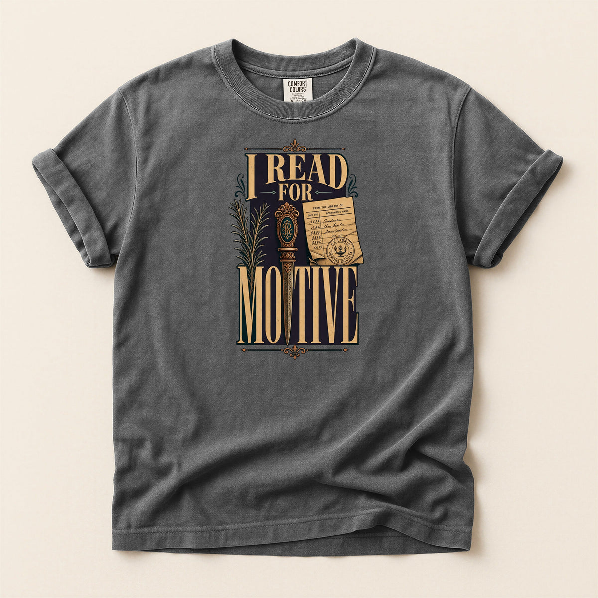 I Read for Motive bookish tee in Pepper, full flat