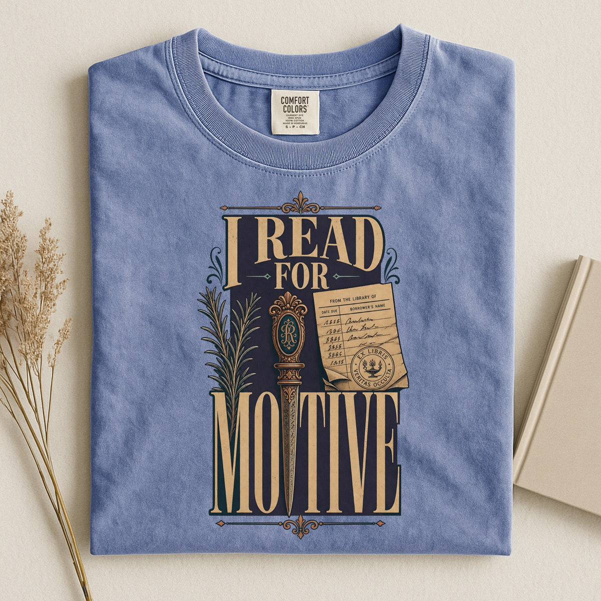 I Read for Motive bookish tee in Blue Jean, flat lay