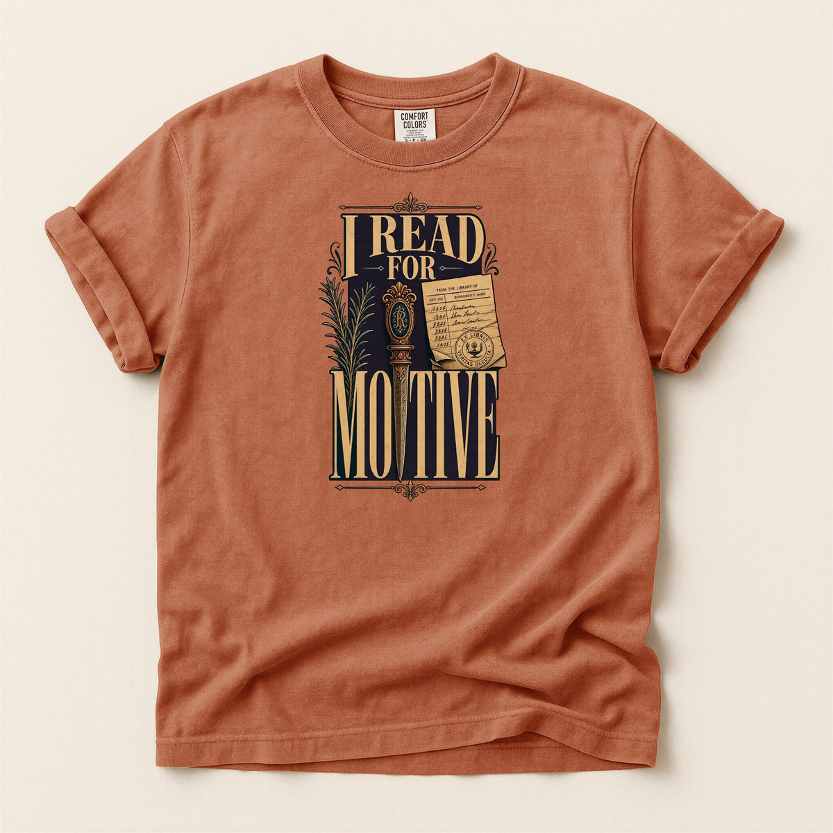 I Read for Motive bookish tee in Yam, full flat