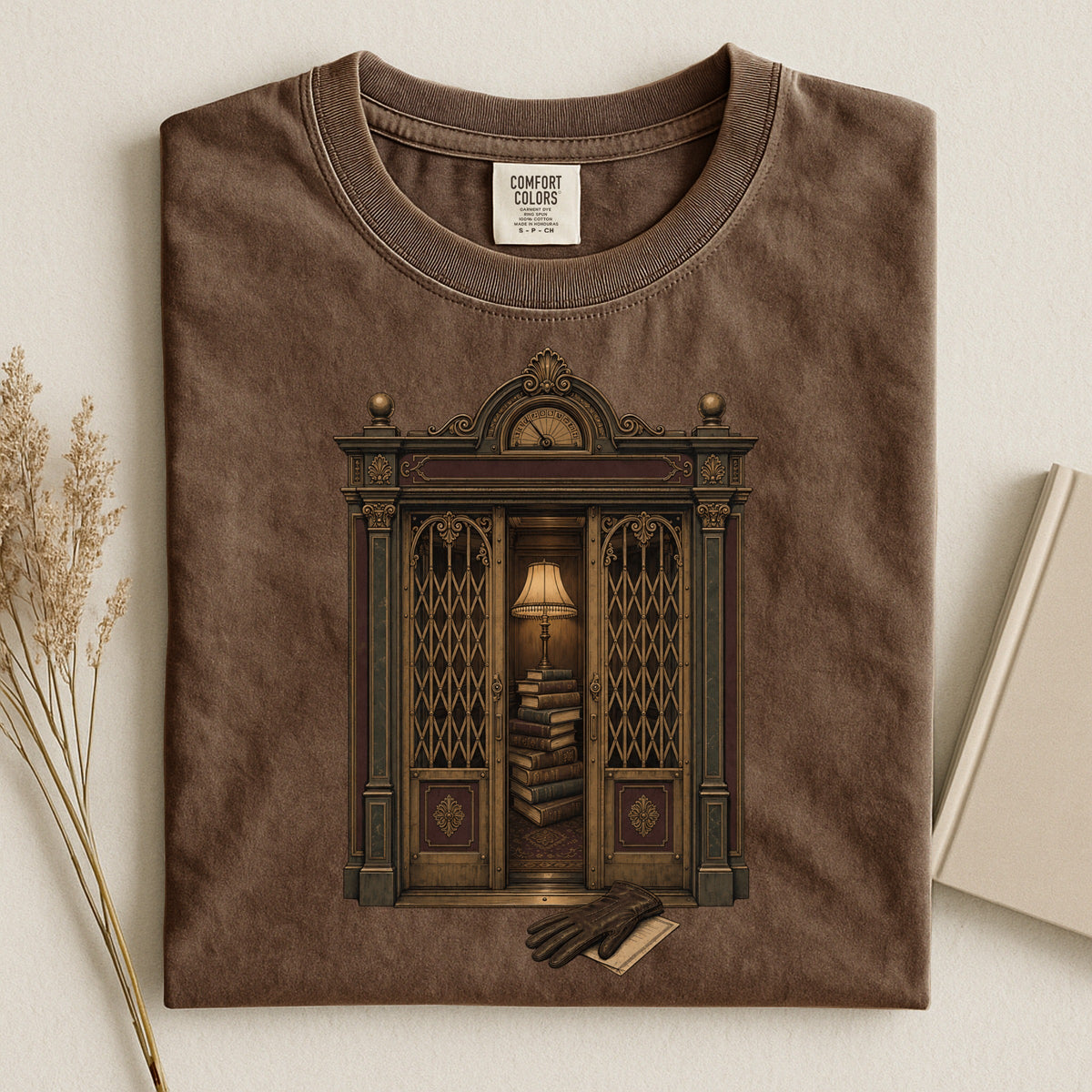 Library Alcove bookish tee in Espresso, flat lay