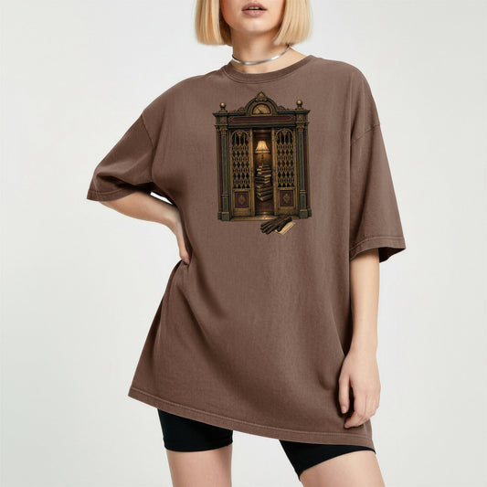 Library Alcove bookish tee in Espresso, worn