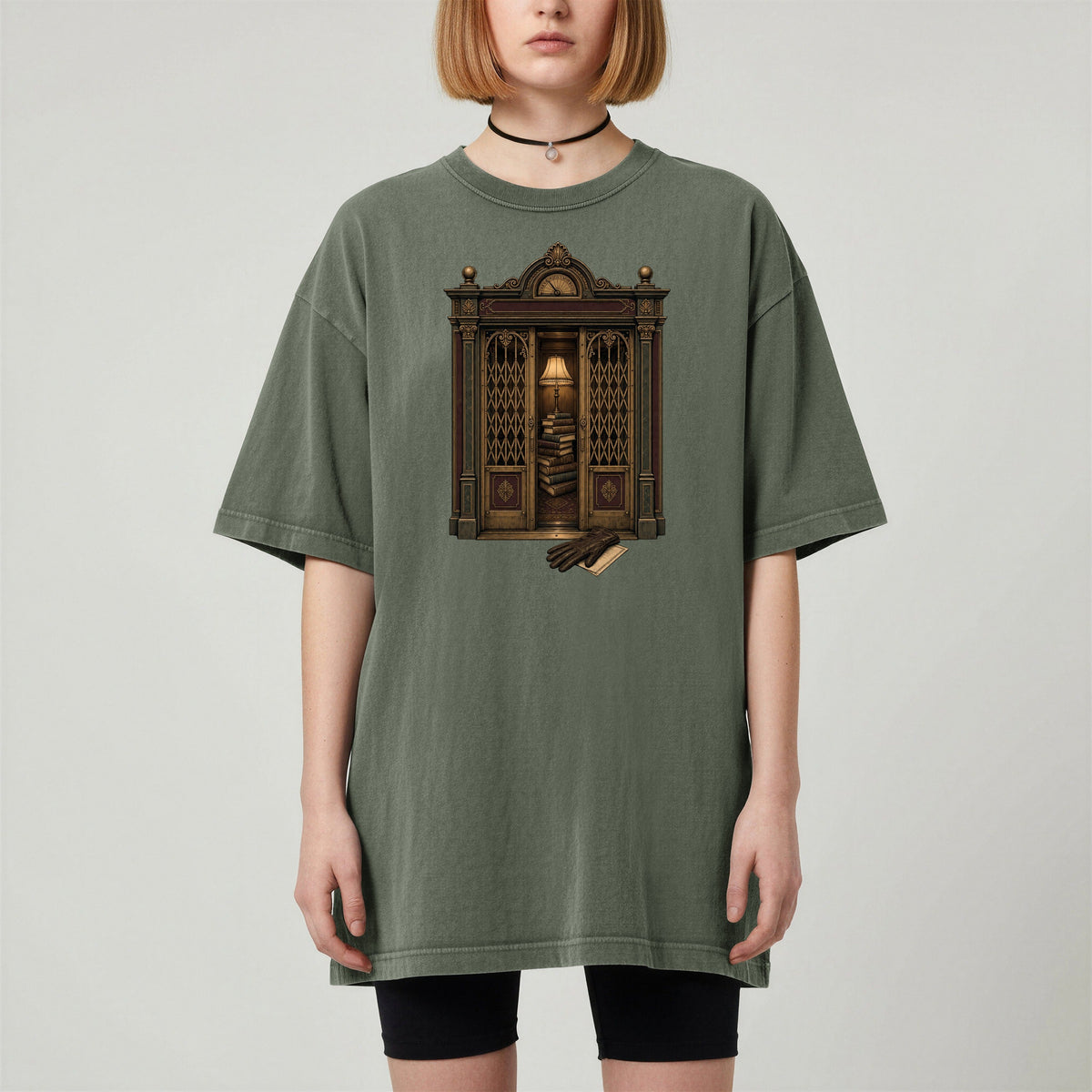 Library Alcove bookish tee in Moss, worn