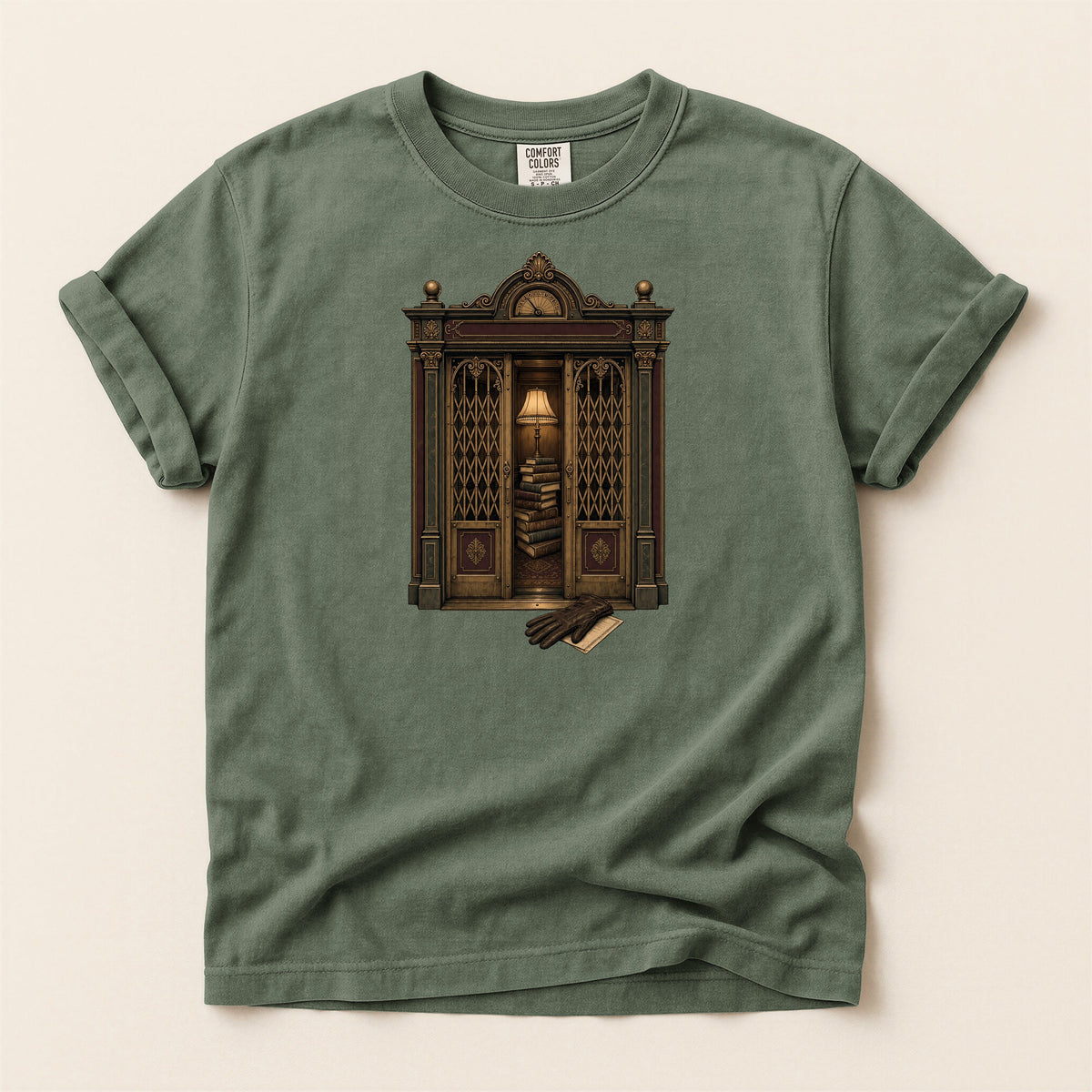 Library Alcove bookish tee in Moss, full flat