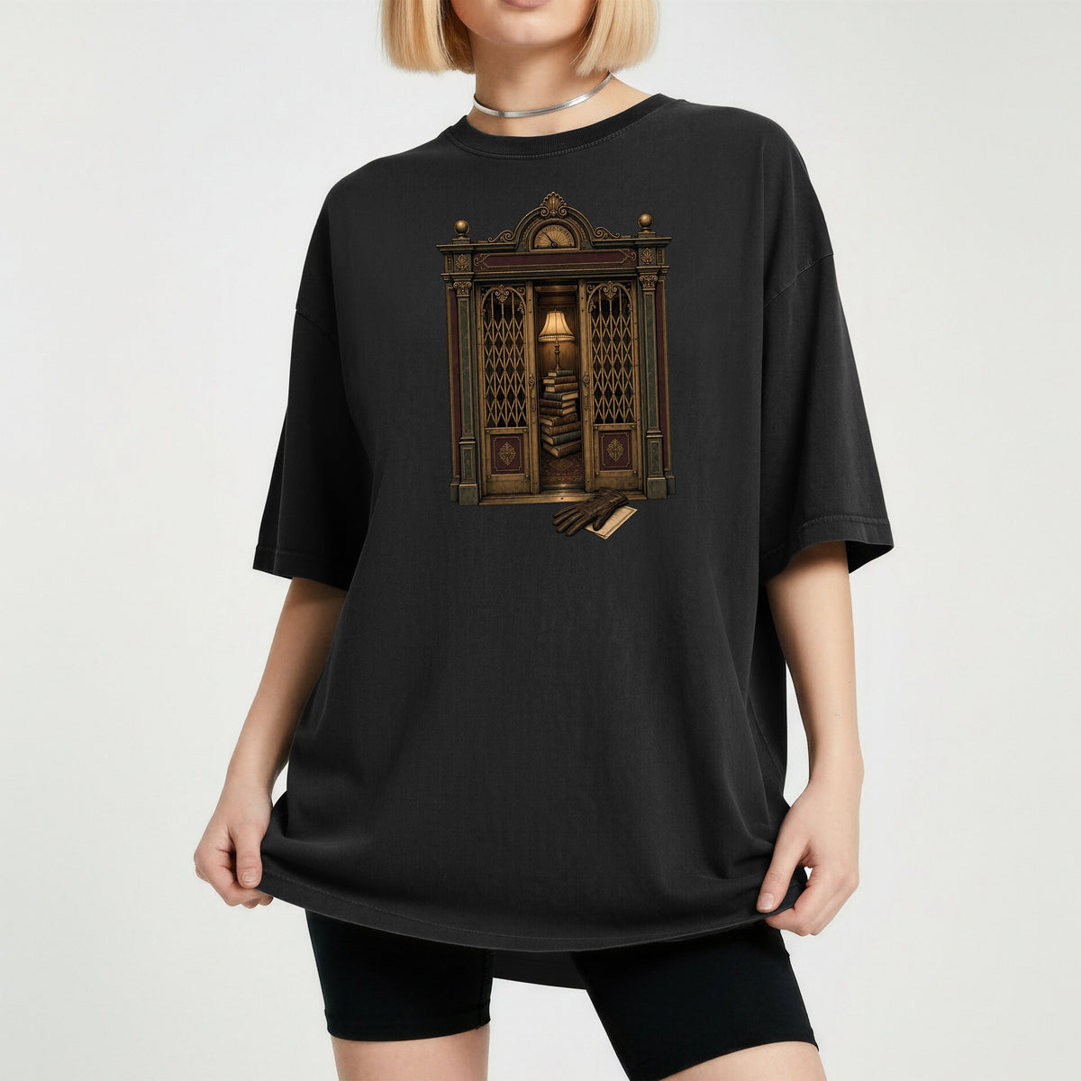 Library Alcove bookish tee in Black, worn