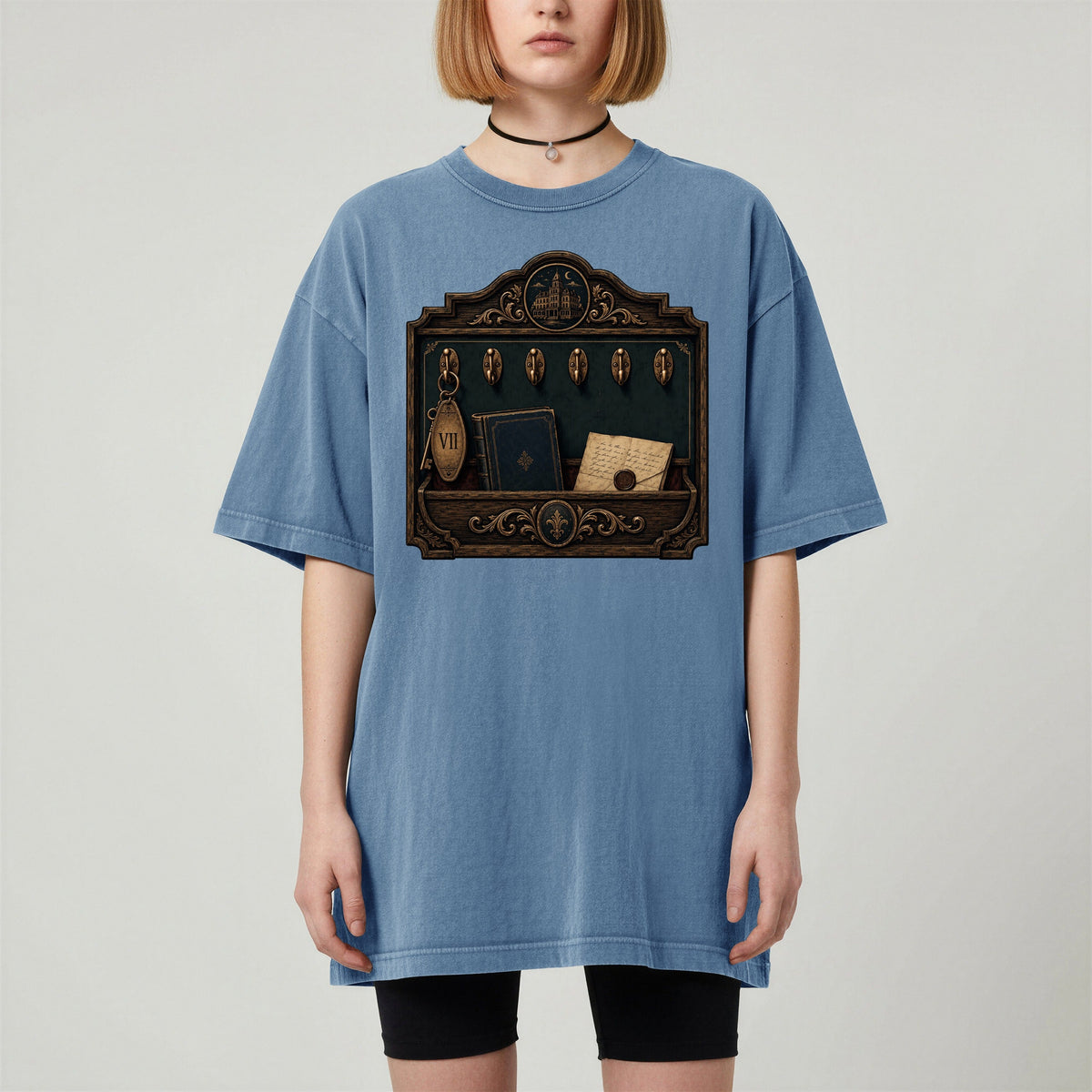 Library Key Board bookish tee in Blue Jean, worn