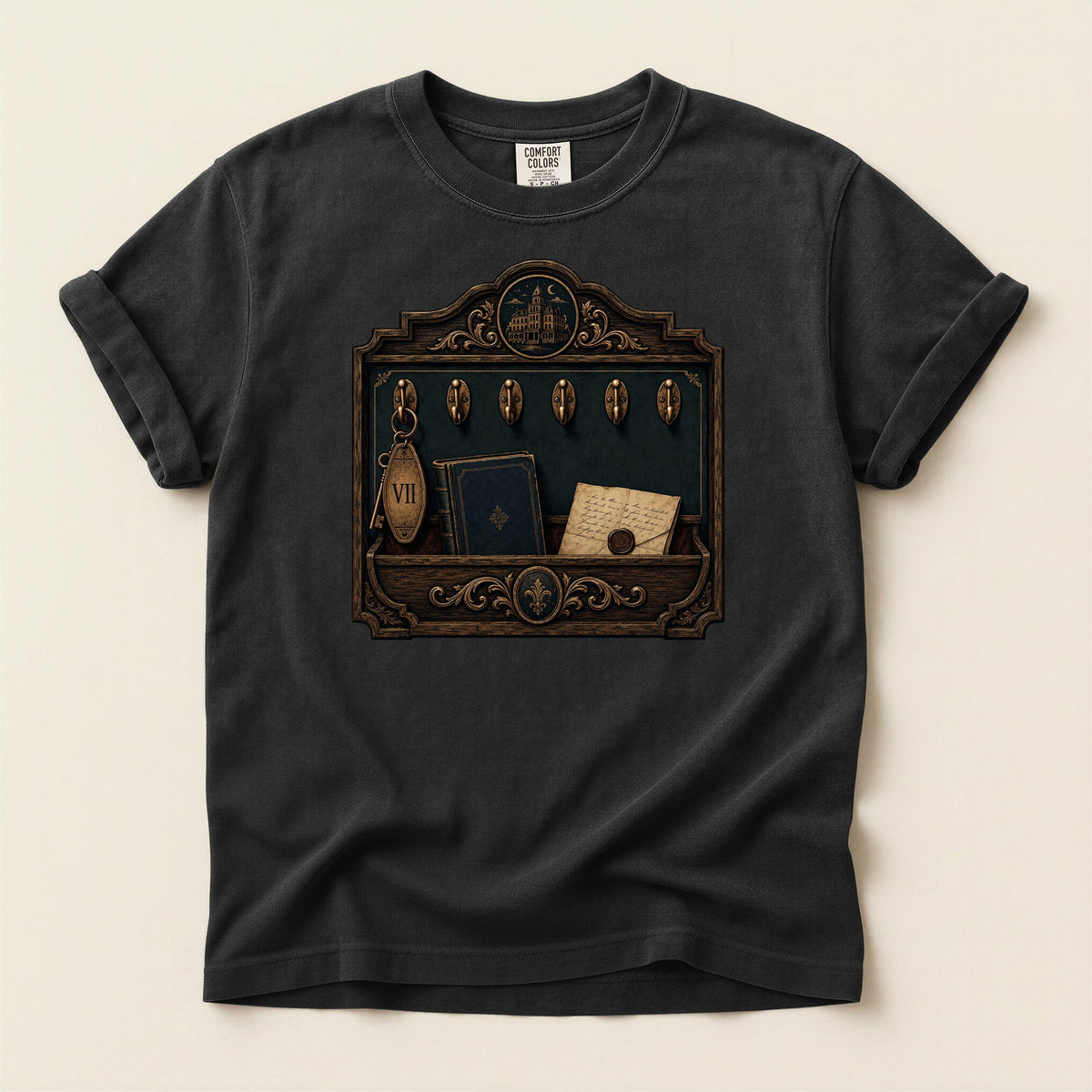 Library Key Board bookish tee in Black, full flat