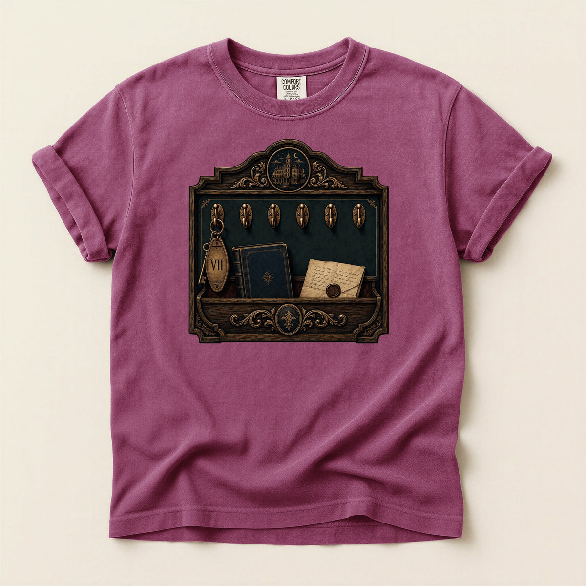 Library Key Board bookish tee in Berry, full flat