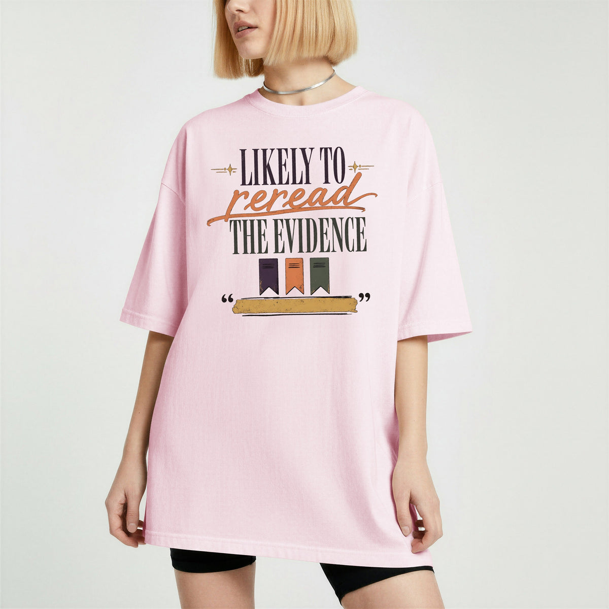 Likely to Reread the Evidence bookish tee in Blossom, worn