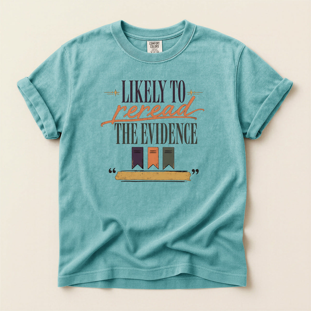 Likely to Reread the Evidence bookish tee in Seafoam, full flat