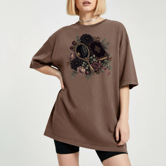 Moody Mirror and Roses bookish tee in Espresso, worn