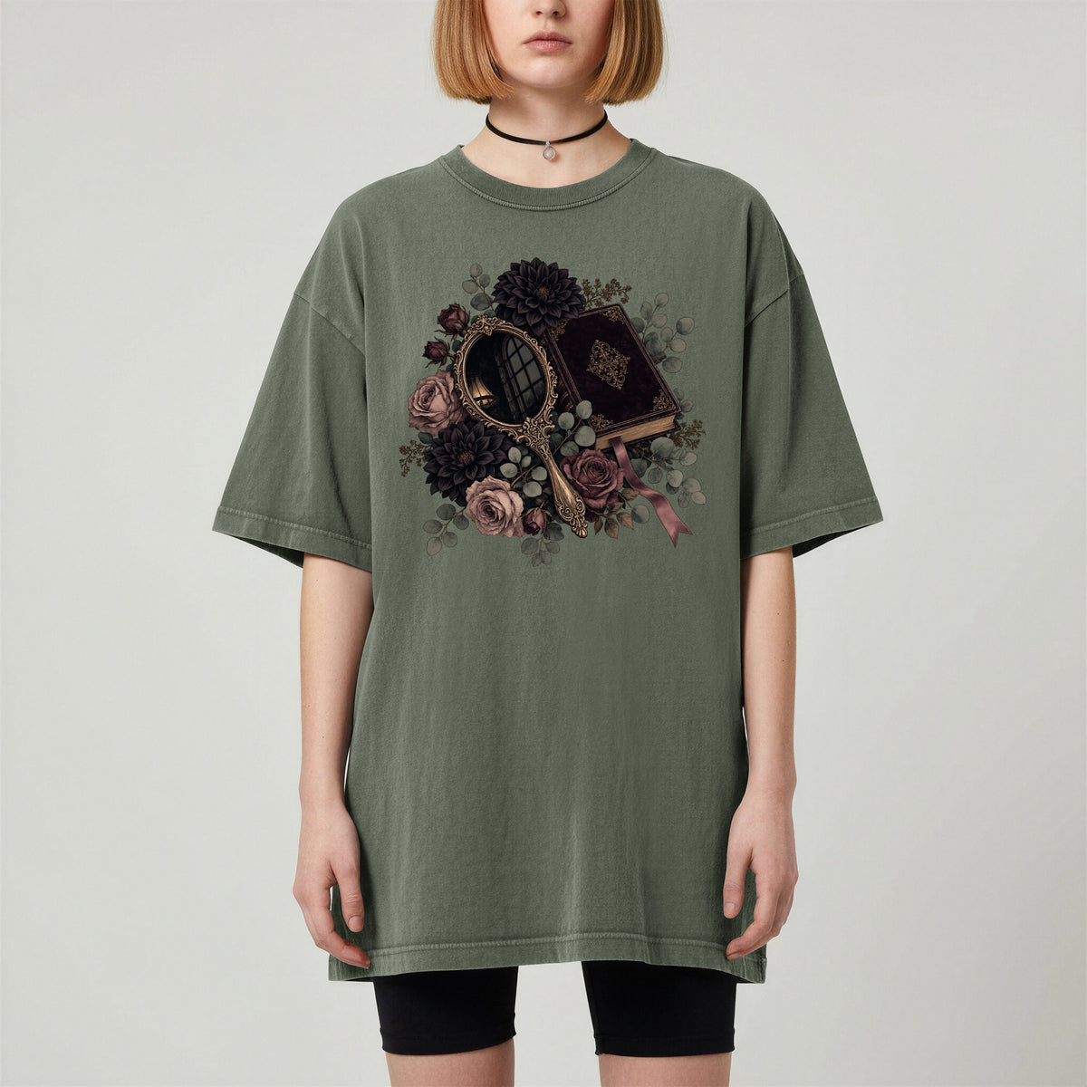 Moody Mirror and Roses bookish tee in Moss, worn
