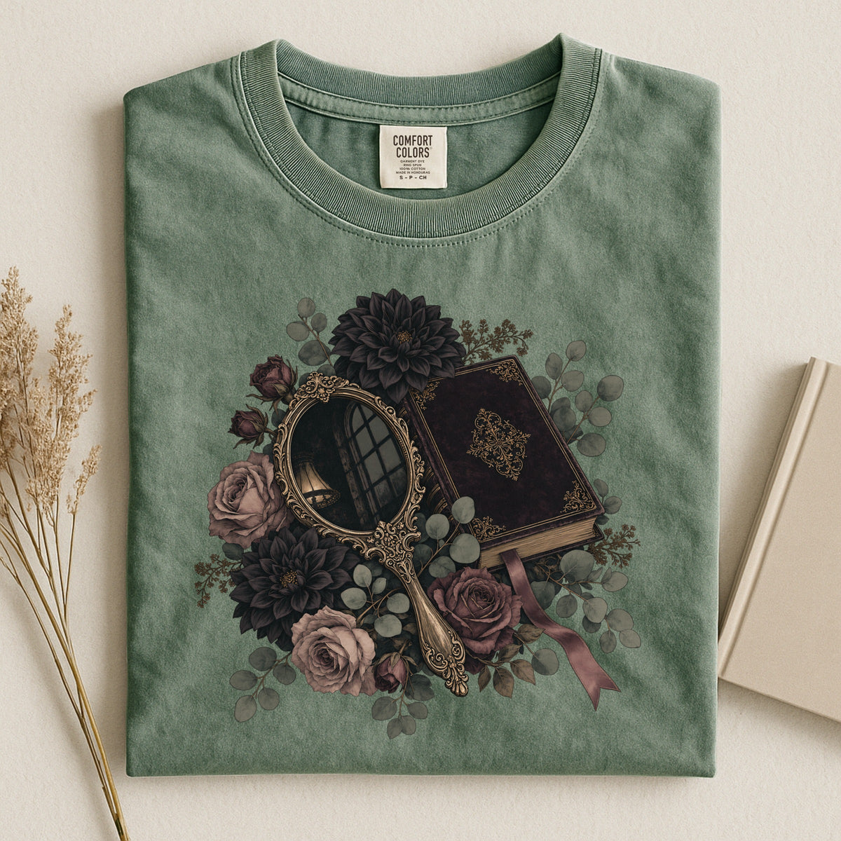 Moody Mirror and Roses bookish tee in Moss, flat lay