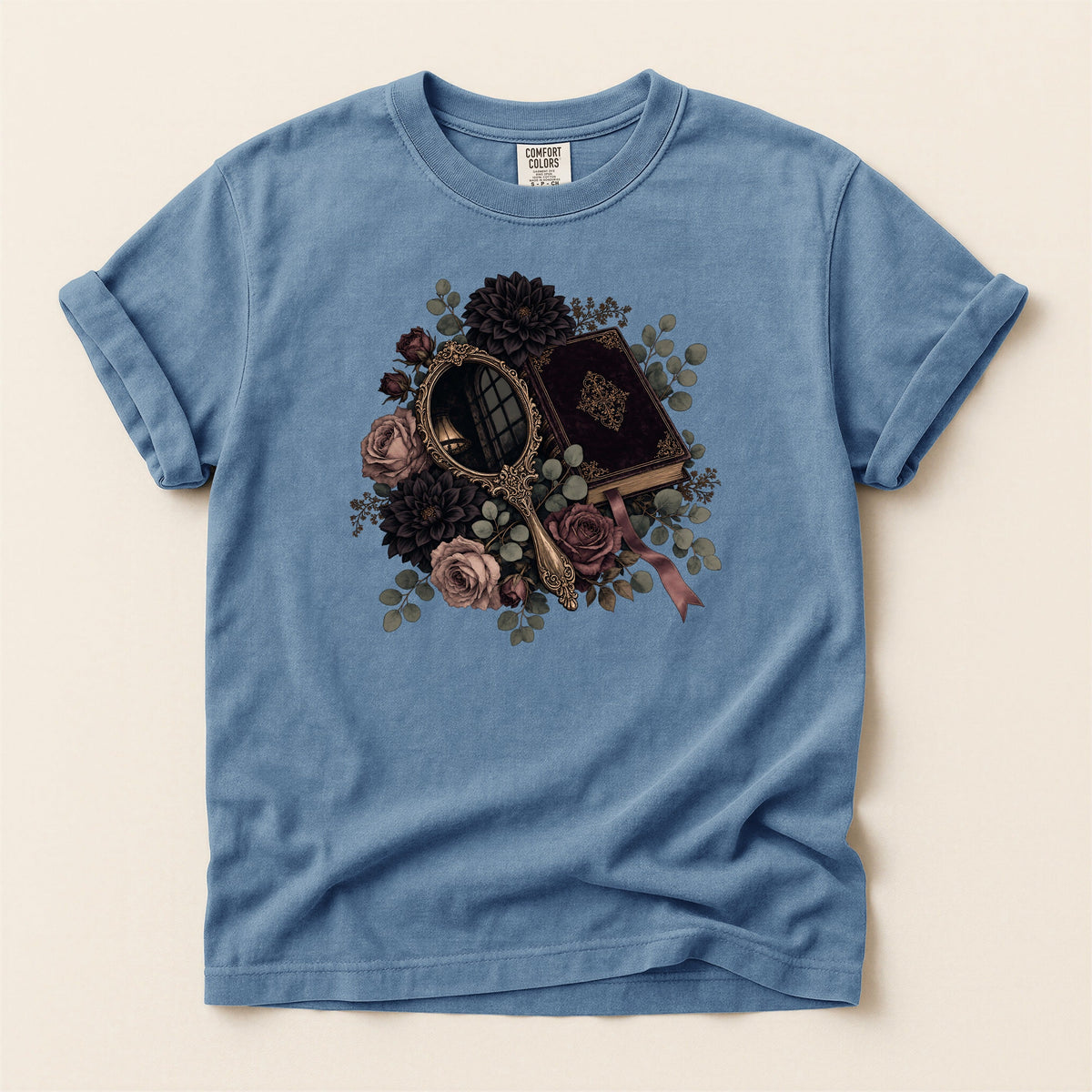 Moody Mirror and Roses bookish tee in Blue Jean, full flat
