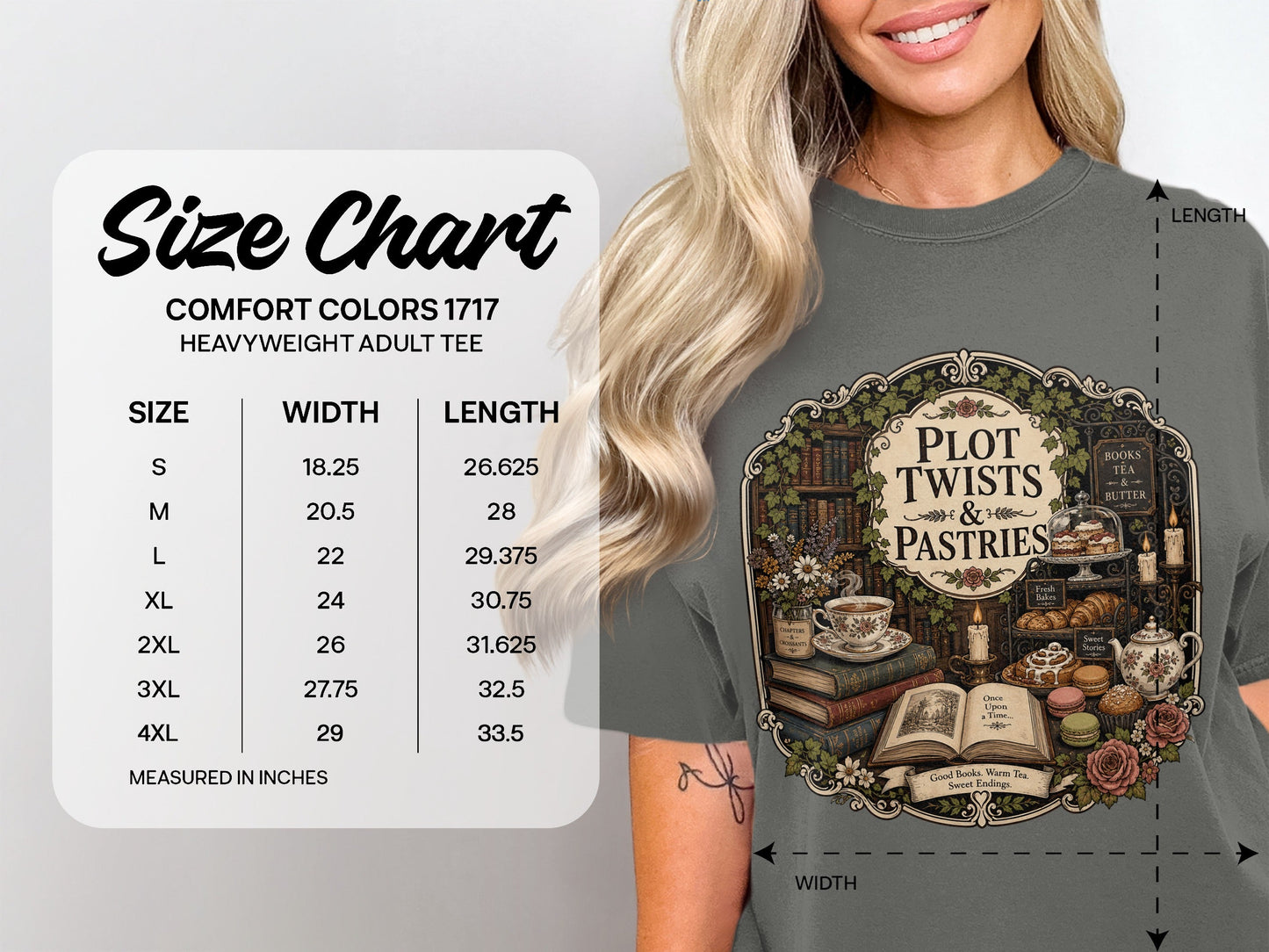 Plot Twists and Pastries size chart