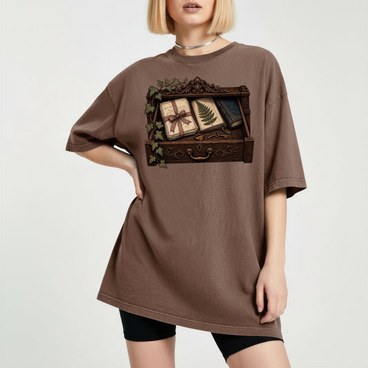 Reader's Keepsake Drawer bookish tee in Espresso, worn
