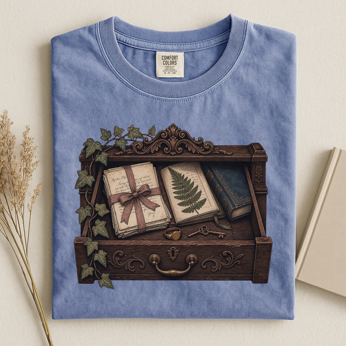 Reader's Keepsake Drawer bookish tee in Blue Jean, flat lay