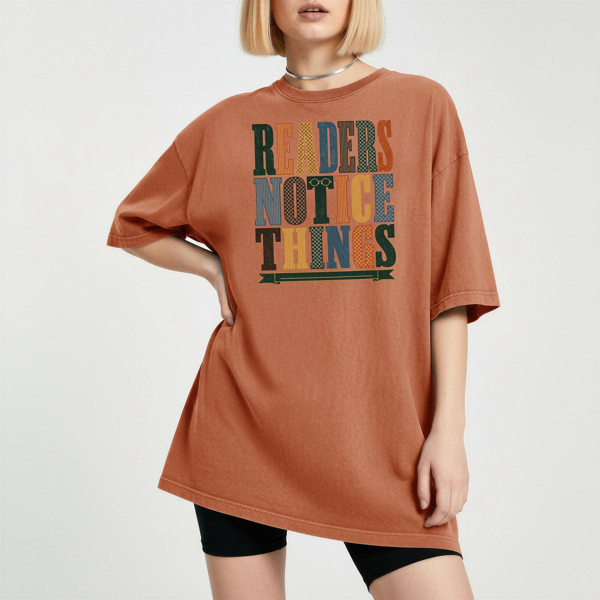 Readers Notice Things bookish tee in Yam, worn