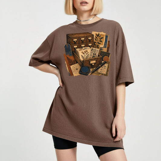 The Card Catalog bookish tee in Espresso, worn
