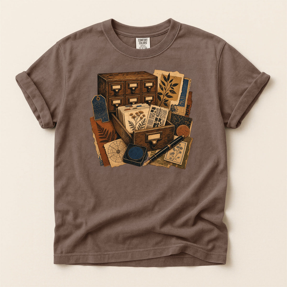 The Card Catalog bookish tee in Espresso, full flat