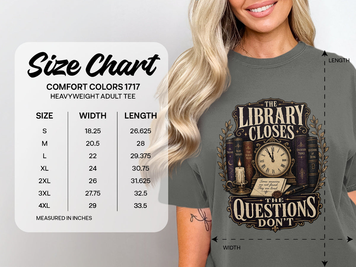 The Library Closes size chart