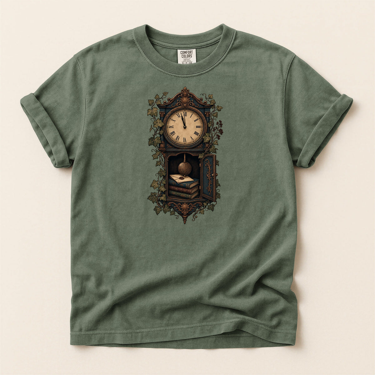 The Reading Hour bookish tee in Moss, full flat