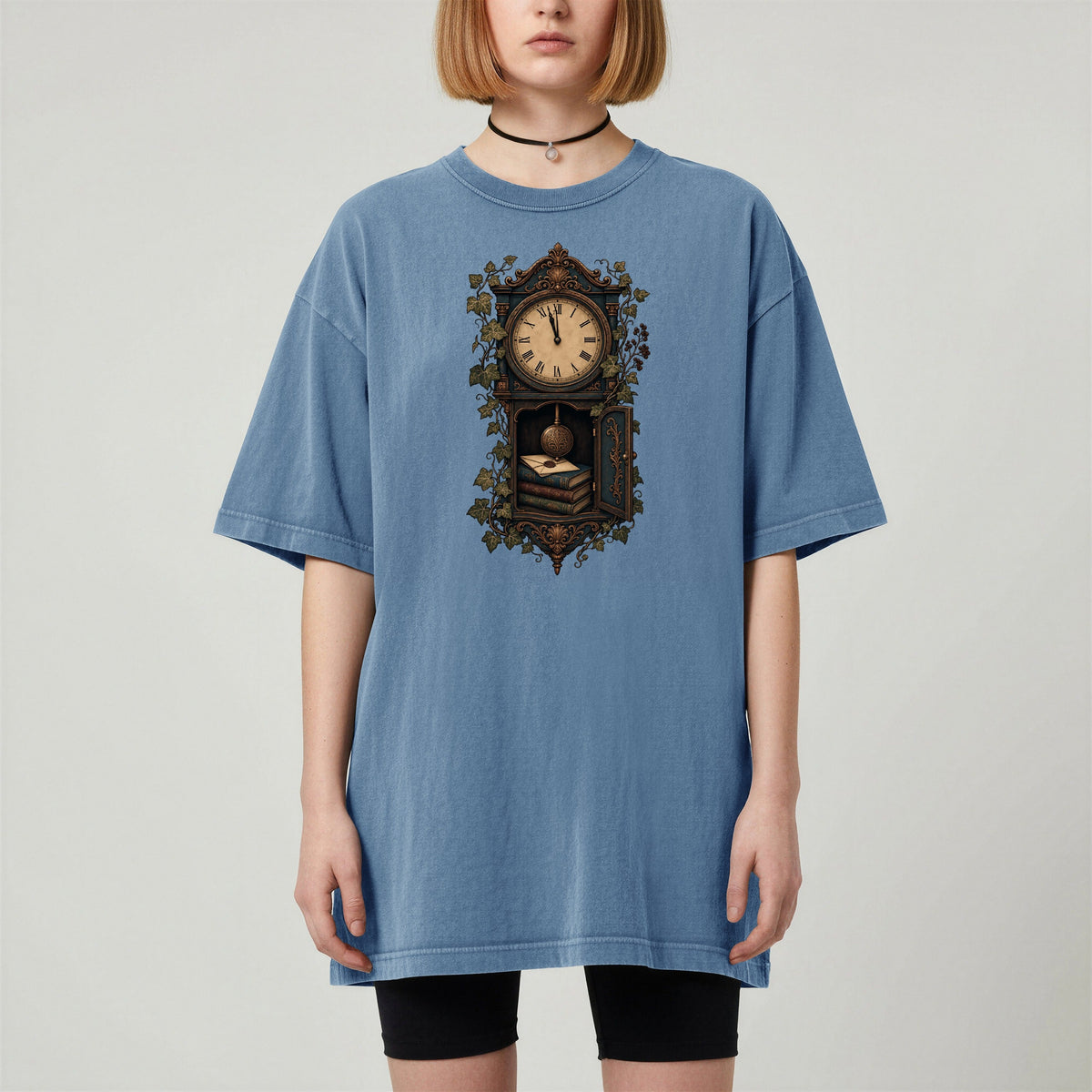 The Reading Hour bookish tee in Blue Jean, worn