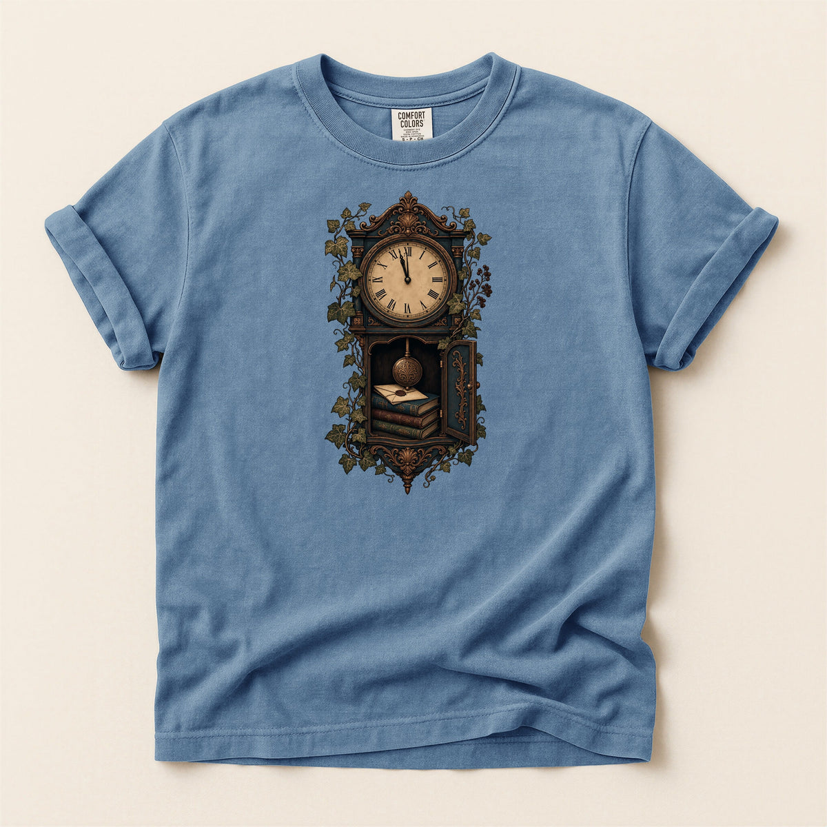 The Reading Hour bookish tee in Blue Jean, full flat