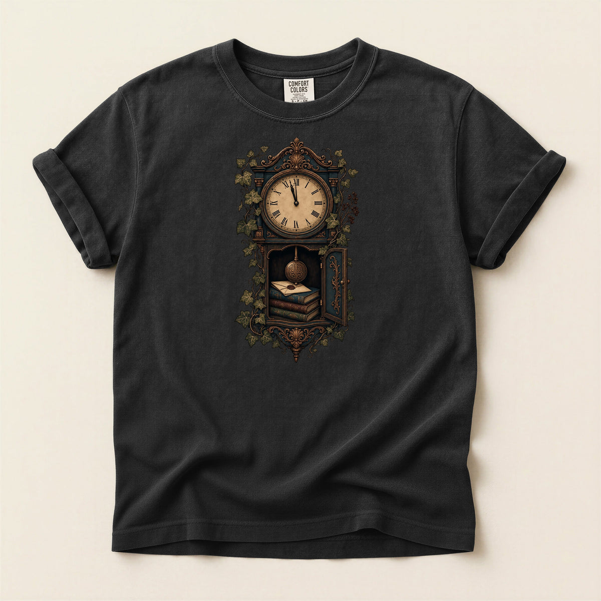 The Reading Hour bookish tee in Black, full flat