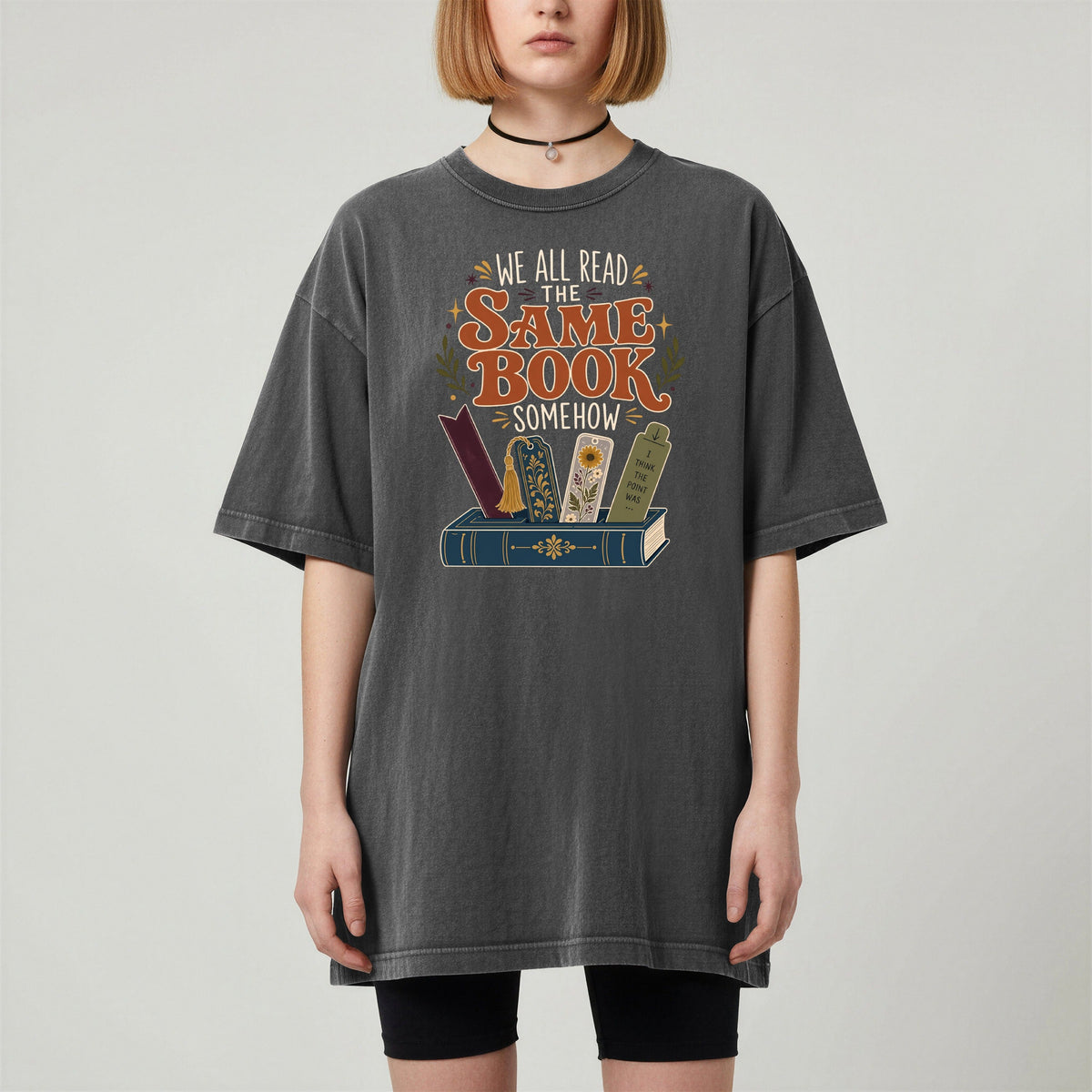 We All Read the Same Book Somehow bookish tee in Pepper, worn