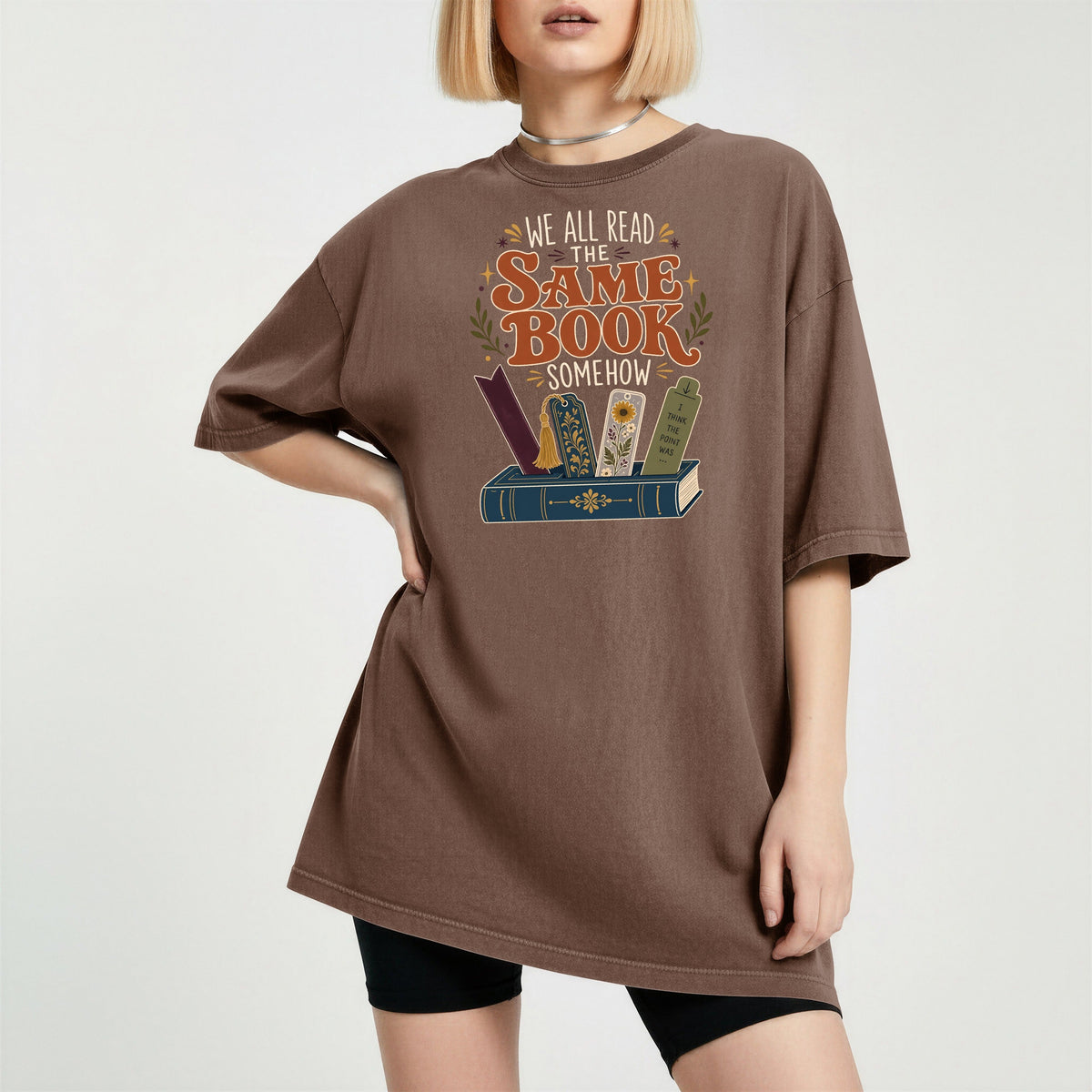 We All Read the Same Book Somehow bookish tee in Espresso, worn