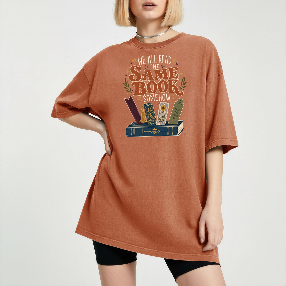 We All Read the Same Book Somehow bookish tee in Yam, worn