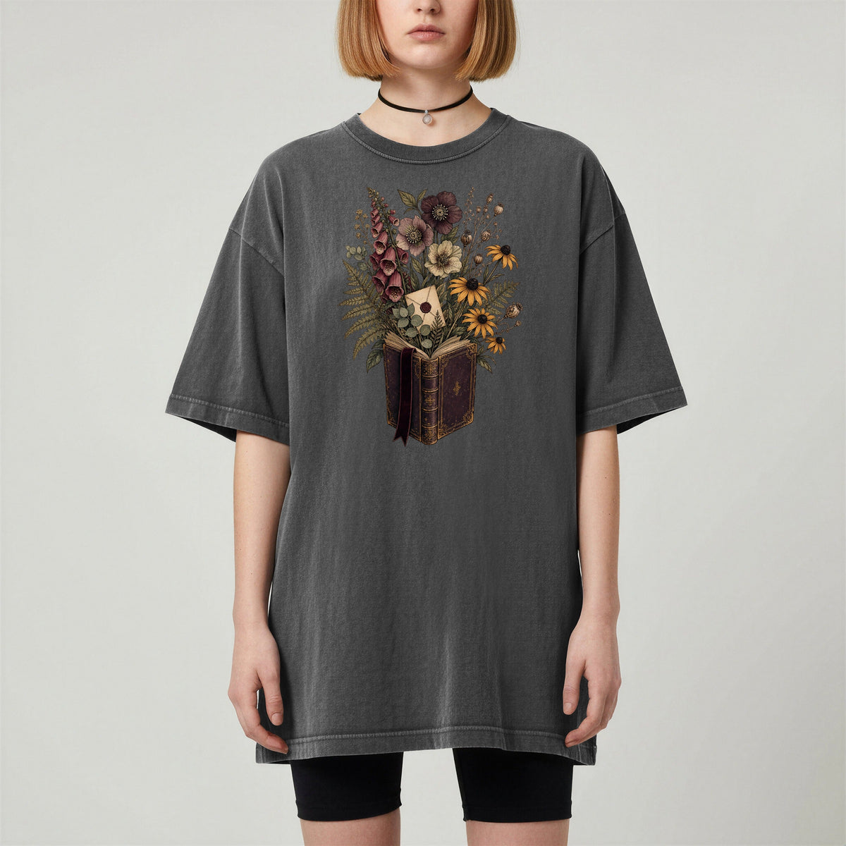 Wildflower Book Bouquet bookish tee in Pepper, worn