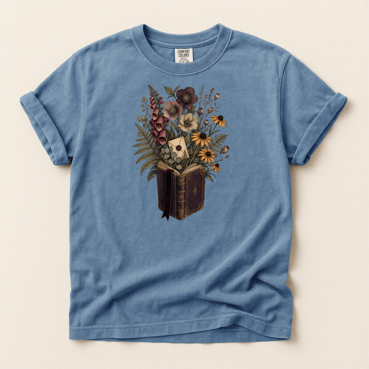 Wildflower Book Bouquet bookish tee in Blue Jean, full flat