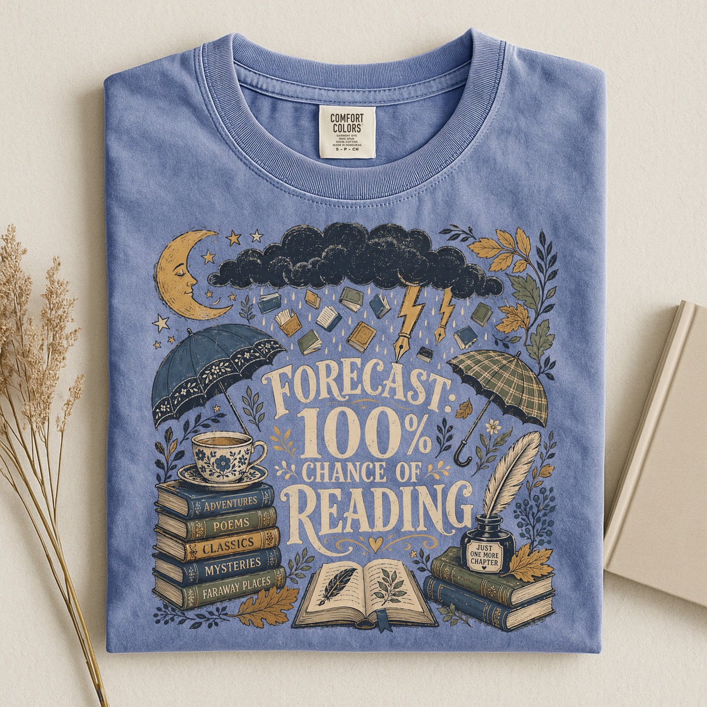 Forecast: 100% Chance of Reading — Rainy Day Reader Tee